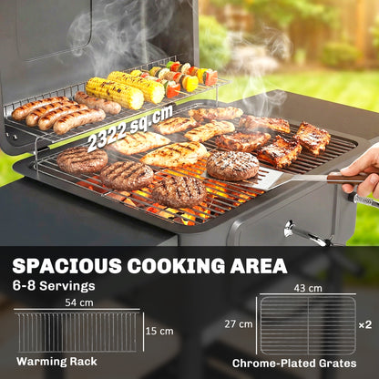 Charcoal BBQ Grill with Adjustable Charcoal Pan, Large Barbecue Grill Smoker with Side Tables, Temperature for Outdoor