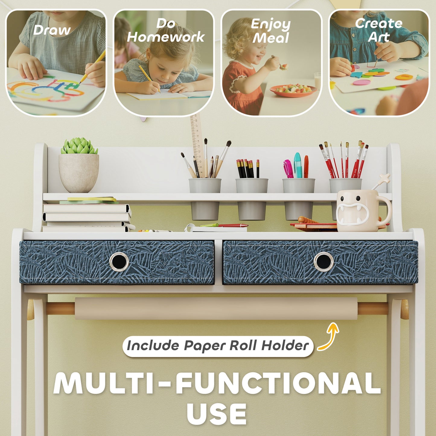 Art Table and Chair Set for children, Kids Art Desk and Chair Set with Storage Shelf and Drawers