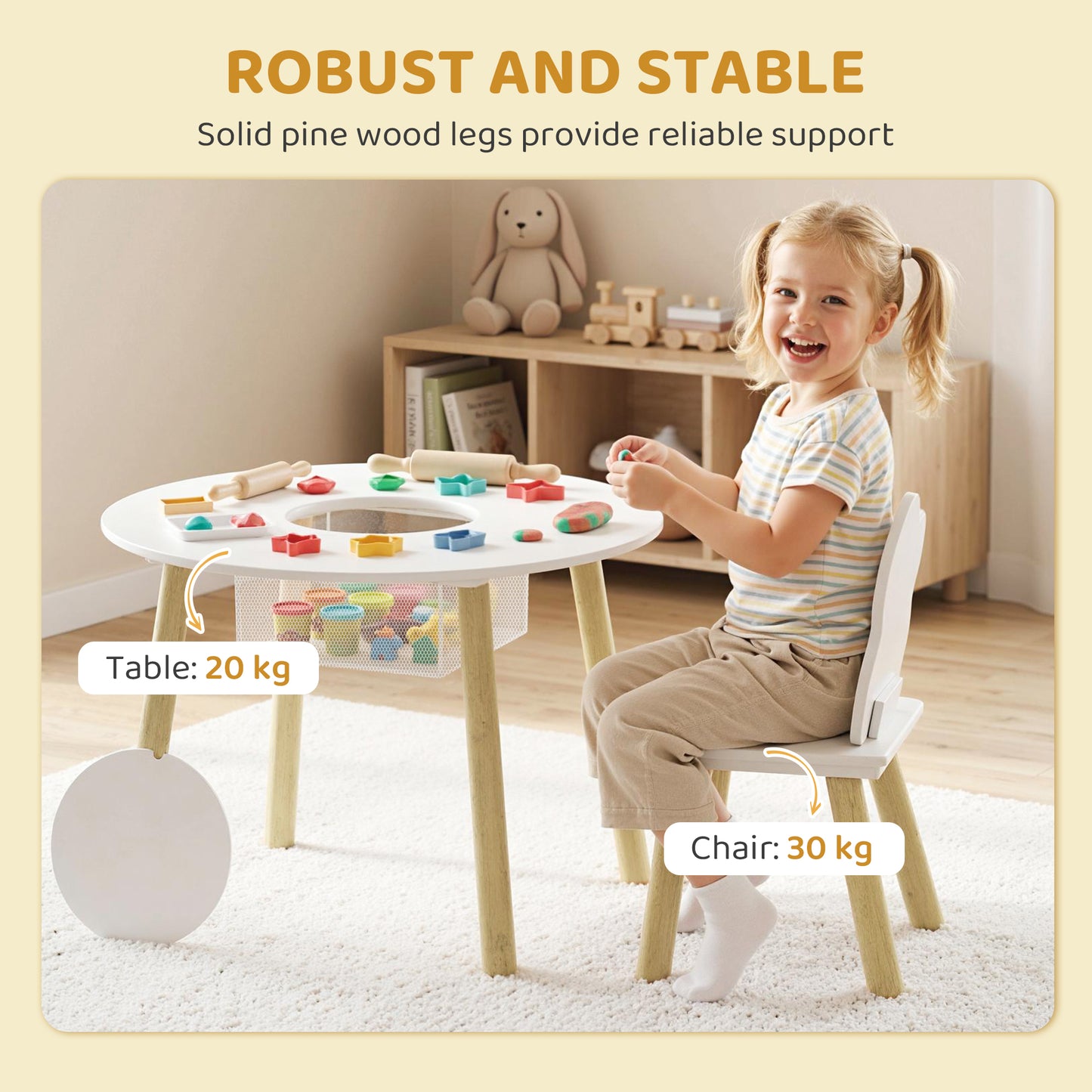 Kids Table and Chairs Set with Storage Bag Toddler Table and Chairs Set 3 Piece for Playroom White