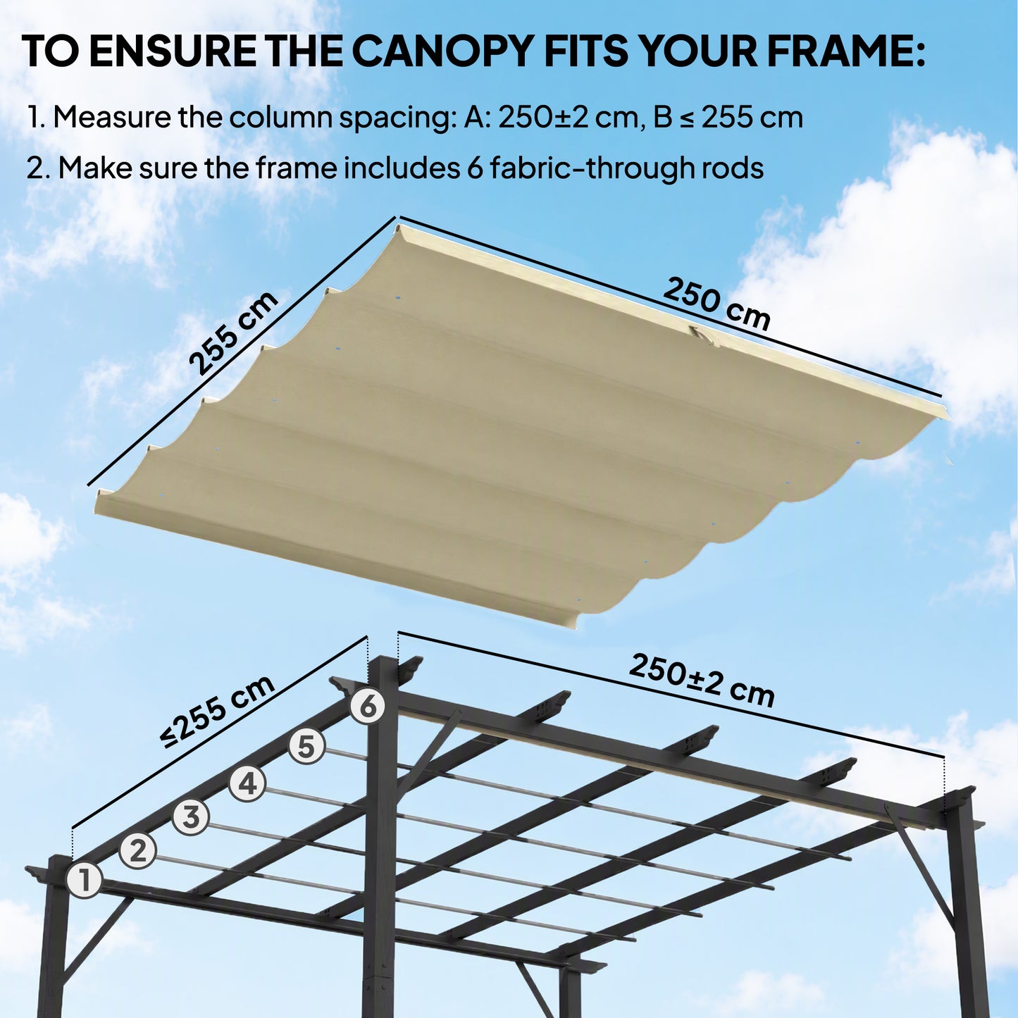 Retractable Pergola Cover, 2.55 x 2.5 m Replacement Canopy Fabric for 3 x 3 m Frame, Roof Top Only, Beige