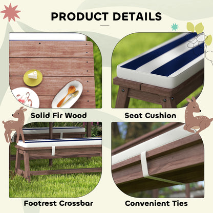 Outdoor Wooden Kids Picnic Table & Bench Set with Cushions and Umbrella, for Patio, Garden, Navy Blue