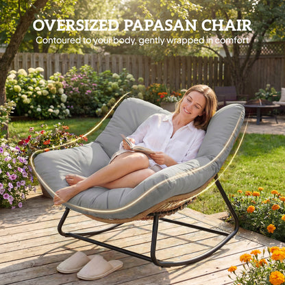 Indoor Outdoor Rocking Chair, Oversized Rocking Egg Chair with Cushion for Living Room, Garden, Patio, Light Grey