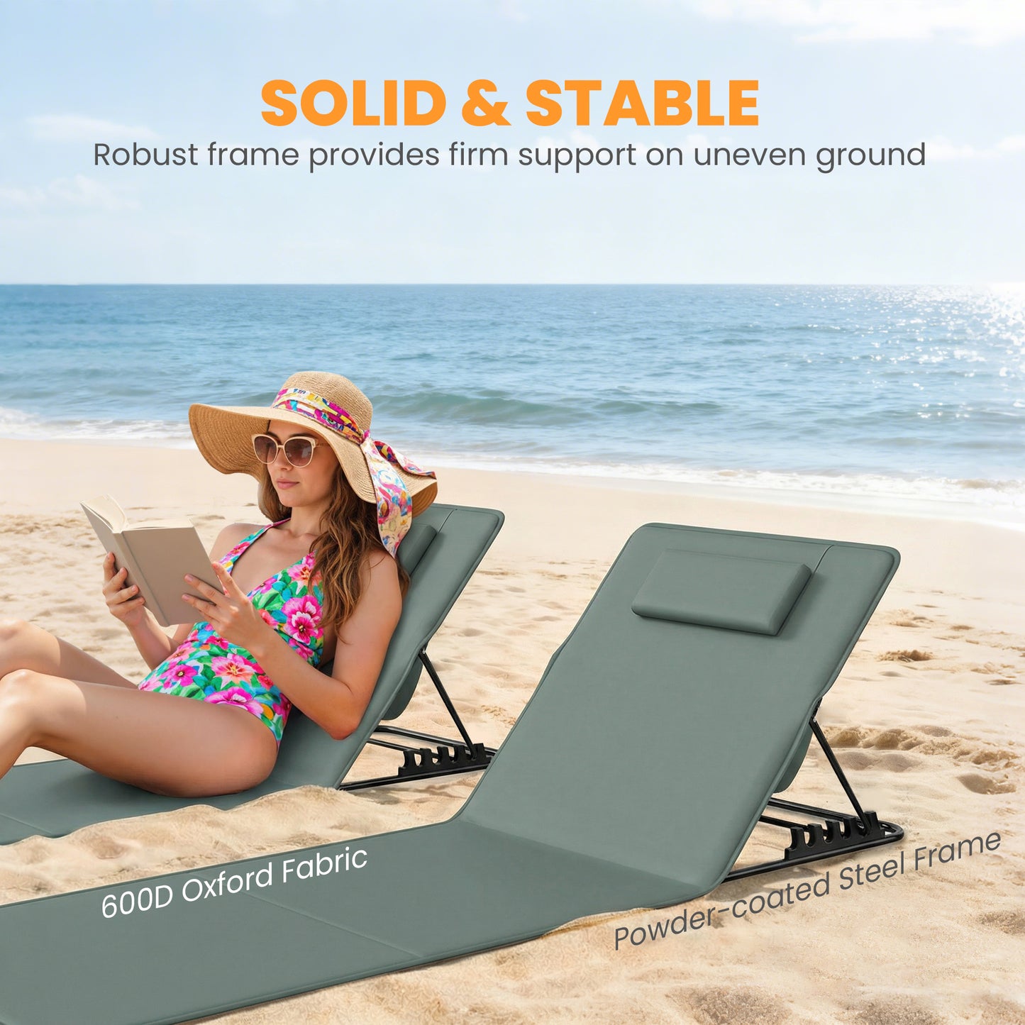 Foldable Sun Loungers Set of 2, Portable Folding Beach Lounger with 4-level Adjustable Backrest, Grey