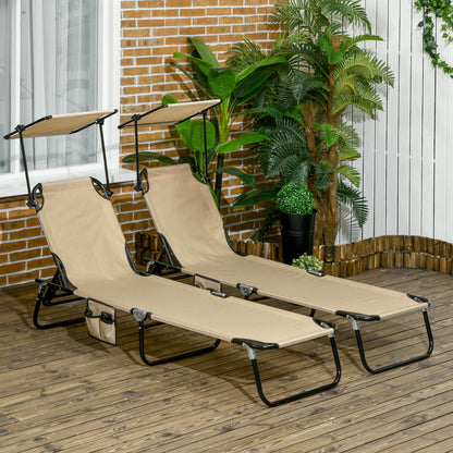 2 Piece Folding Sun Loungers with Canopy, Adjustable Recliner Garden Chairs with Side Pocket