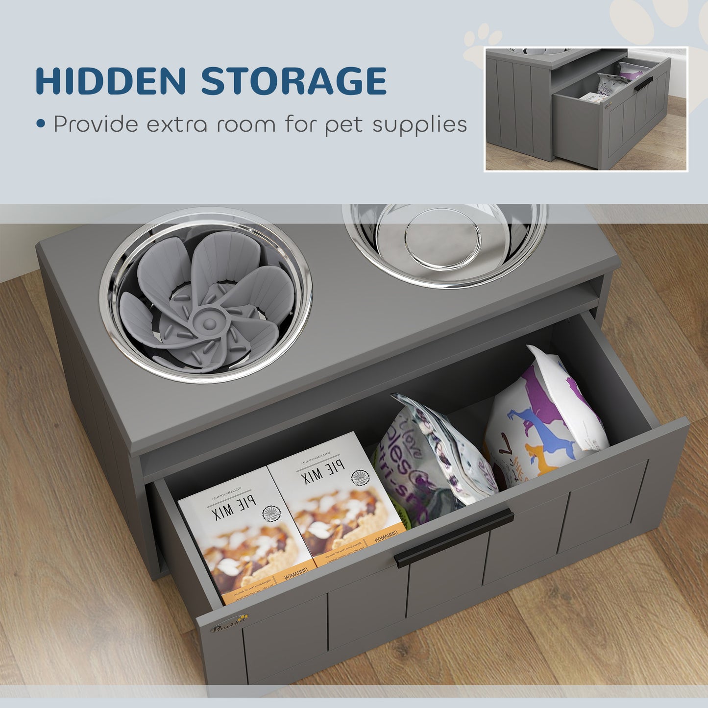 Raised Dog Bowl with Slow Feeder, Two Stainless Steel Dog Bowls, Drawer, for Large and Extra Large Dogs, Grey