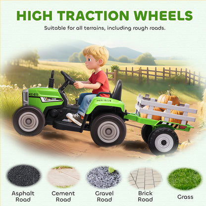 Ride On Tractor, Battery Powered Electric Car, with Detachable Trailer, Remote Control, Music - Green