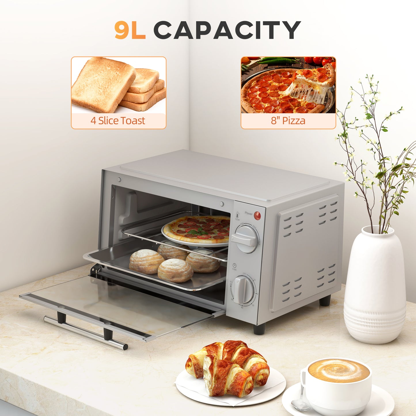 Mini Oven, 9L Countertop Electric Grill, Toaster Oven with Adjustable Temperature, Timer