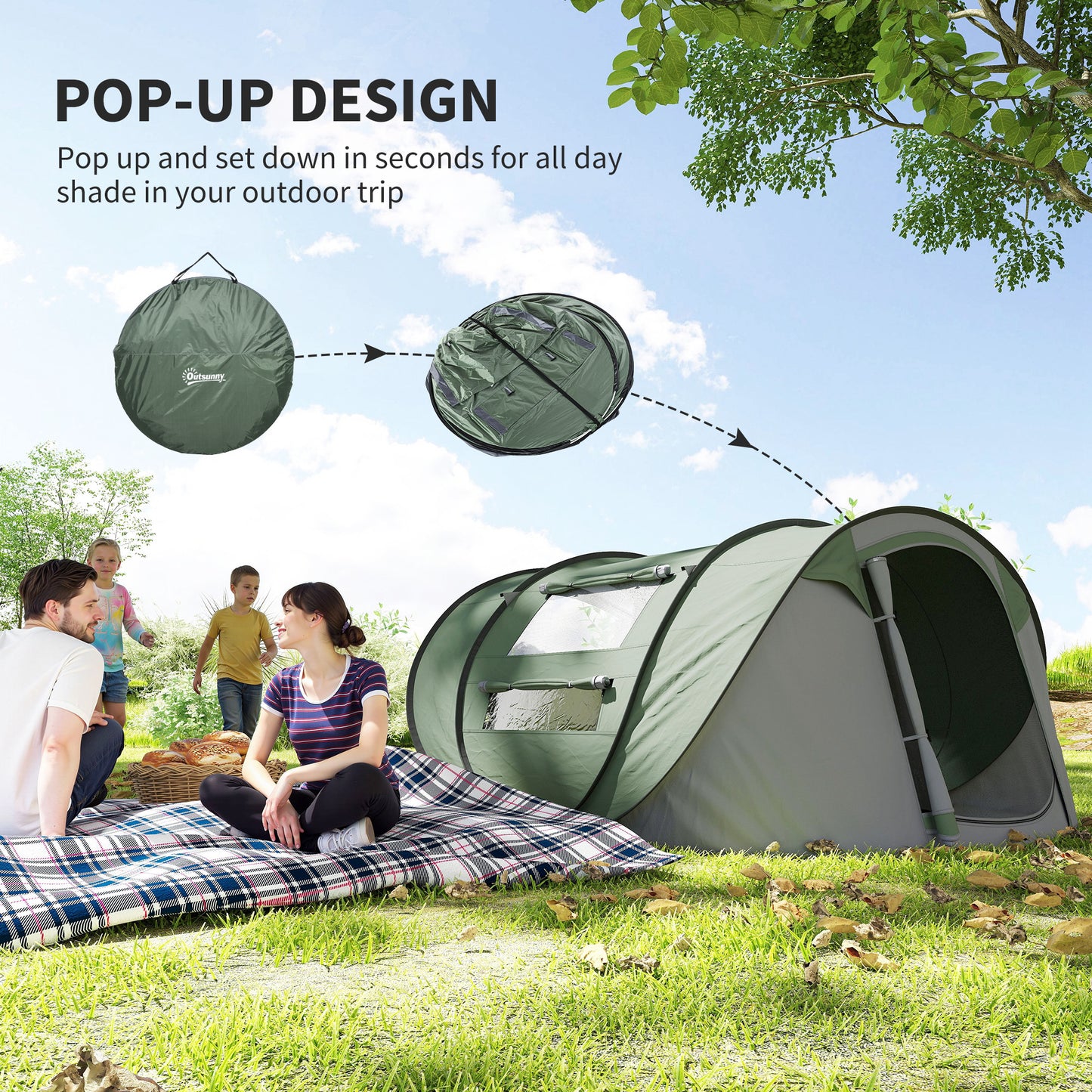 4 Person Pop-up Camping Tent, Family Dome Tent with Ground Sheet, 4 Windows and Portable Carry Bag for Beach Outdoor Trip