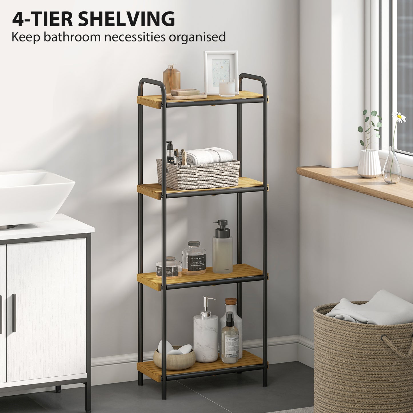 4-Tier Bamboo Bathroom Storage Shelf, Freestanding Narrow Shelving Unit