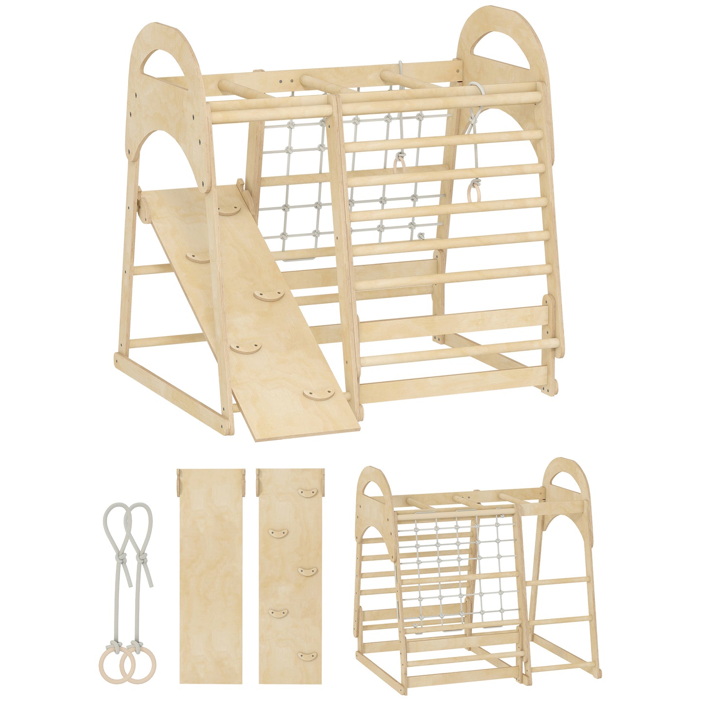 6 in 1 Kids Climbing Frame with Slide, Monkey Bars, Gymnastics Rings, Ladder, Climbing Net, for 3-6 Years, Natural Tone