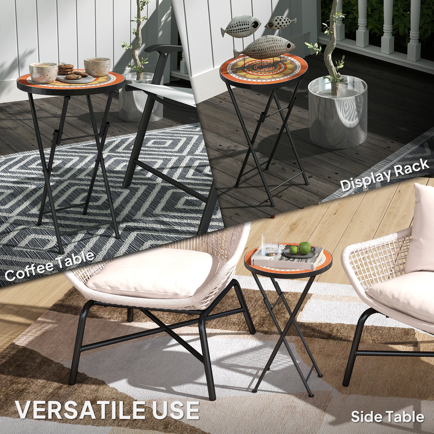 Mosaic Outdoor Garden Table, 35.5cm Round Folding Coffee Table with Metal Frame for Balcony Terrace, Orange