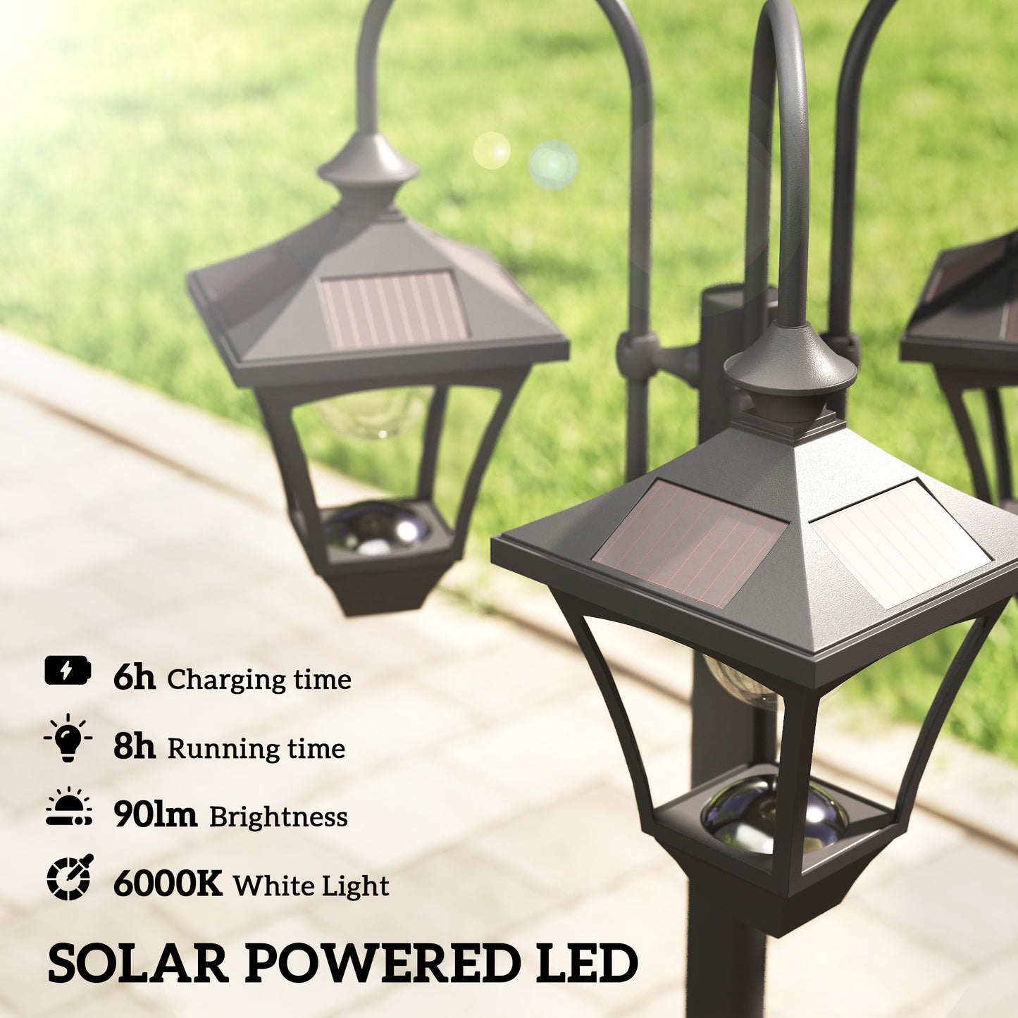 Solar Lamp Post with Dusk-to-Dawn Sensor Street Light with 3-Head Planter 185 cm Black