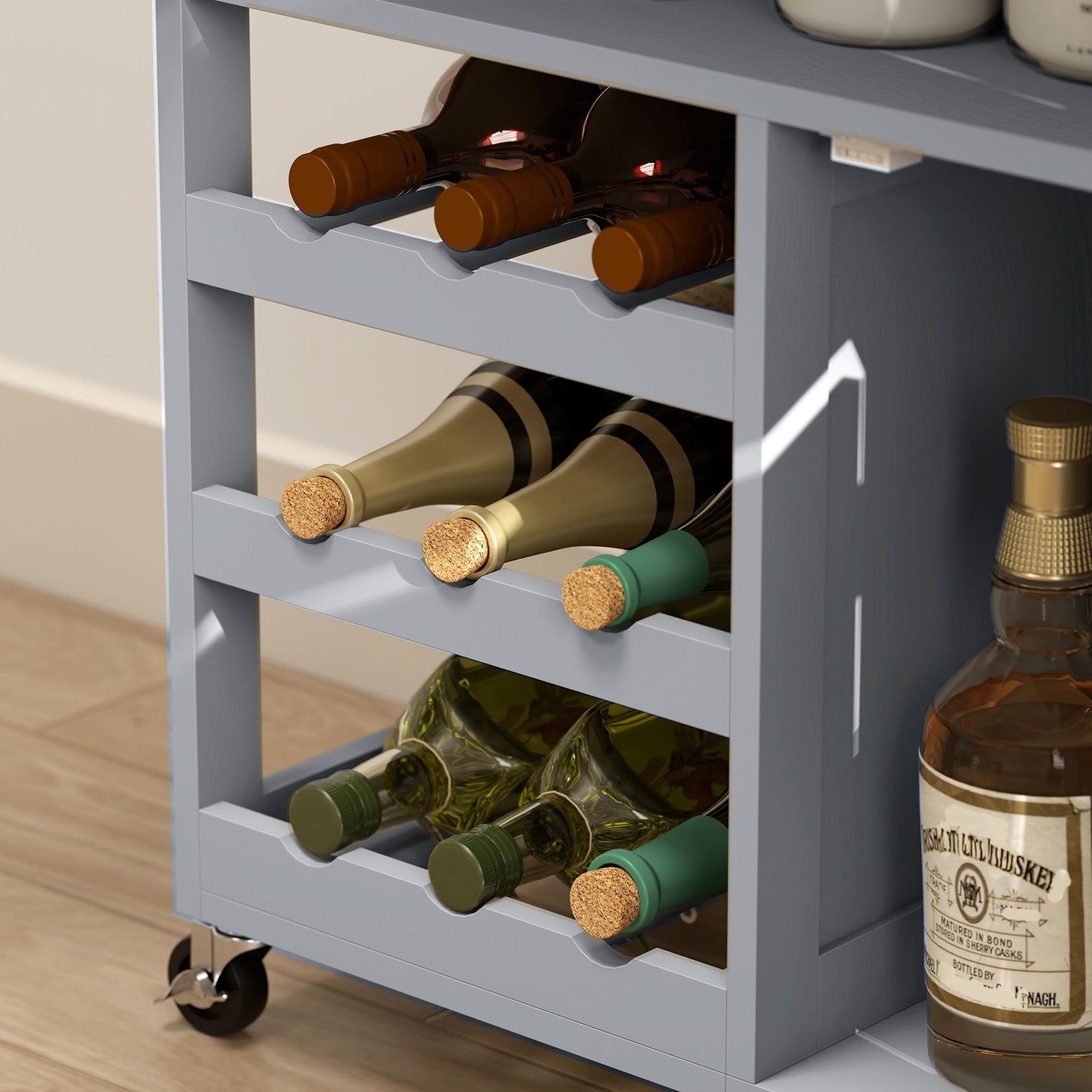 Modern Kitchen Trolley, Rolling Island Storage Cart with Drawer, 9-bottle Wine Rack, Door Cabinets, Wooden Countertop, Grey