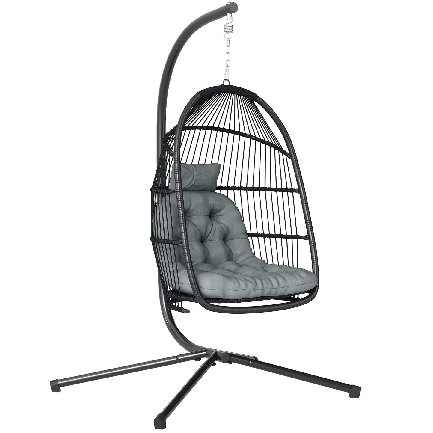 Rattan Hanging Egg Chair with Stand, Foldable Wicker Swing Egg Chair with Cushion, Head Pillow, Steel Frame