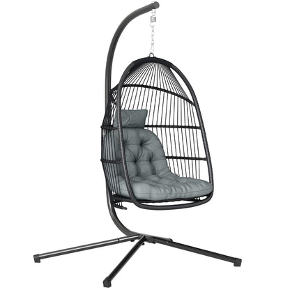 Rattan Hanging Egg Chair with Stand, Foldable Wicker Swing Egg Chair with Cushion, Head Pillow, Steel Frame