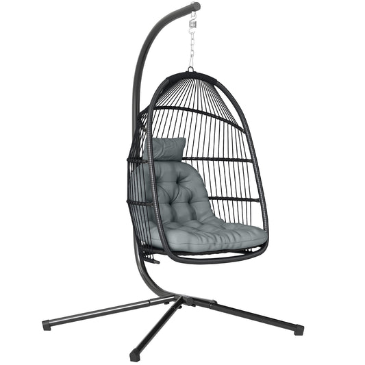 Rattan Hanging Egg Chair with Stand, Foldable Wicker Swing Egg Chair with Cushion, Head Pillow, Steel Frame
