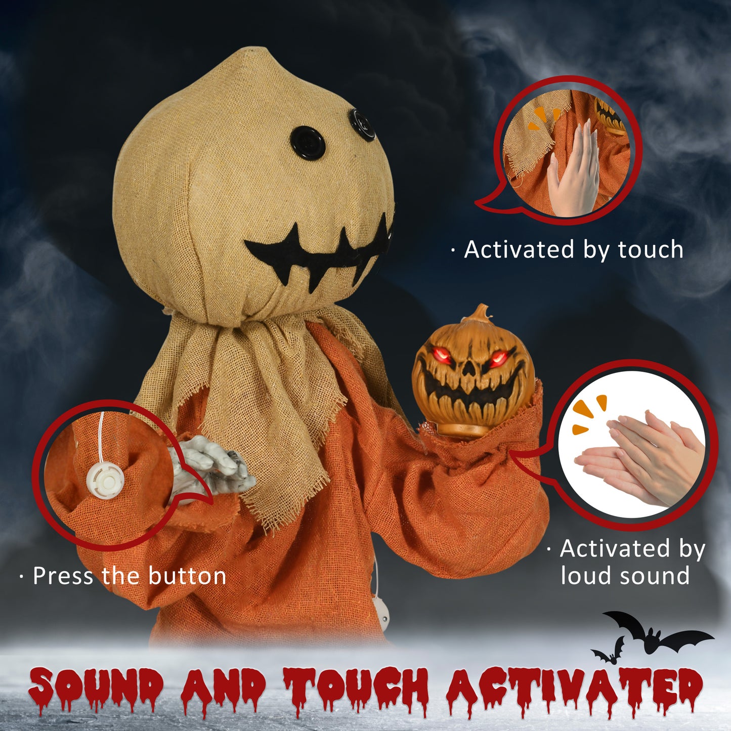 77cm Halloween Scarecrow Decoration, Outdoor Activated Prop with Light Up Eyes, Sound Activated