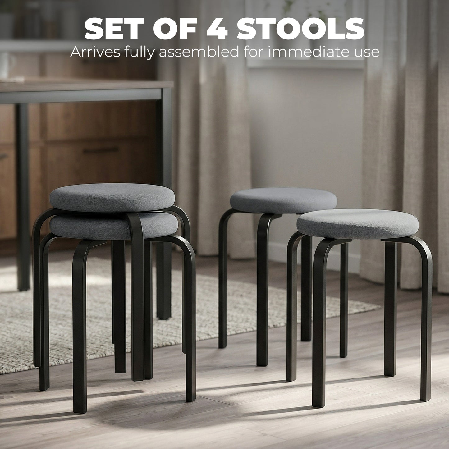 Stackable Stools Modern Cushioned Round Backless Stools Set of 4 Kitchen Dining Room Dark Grey