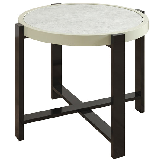 Round Small Garden Table, 60cm Outdoor Side Table with Faux Marble Tempered Glass Top, Aluminium Frame for Garden, Patio