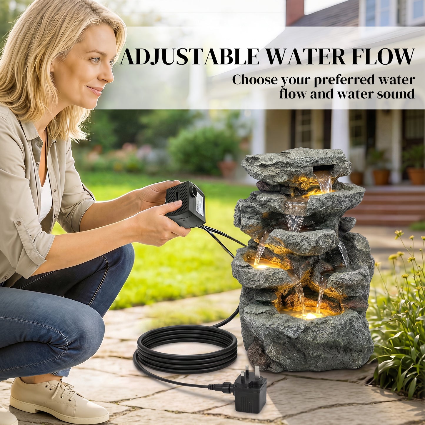 Outdoor Fountain with 6-Tier Rock Design, Waterfall Feature with LED Lights, Resin Freestanding Garden Fountain, Grey