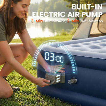 Inflatable Mattress, Single Air Bed with Built-in Electric Pump, 3 Mins Inflation, Flocked Surface, Grey