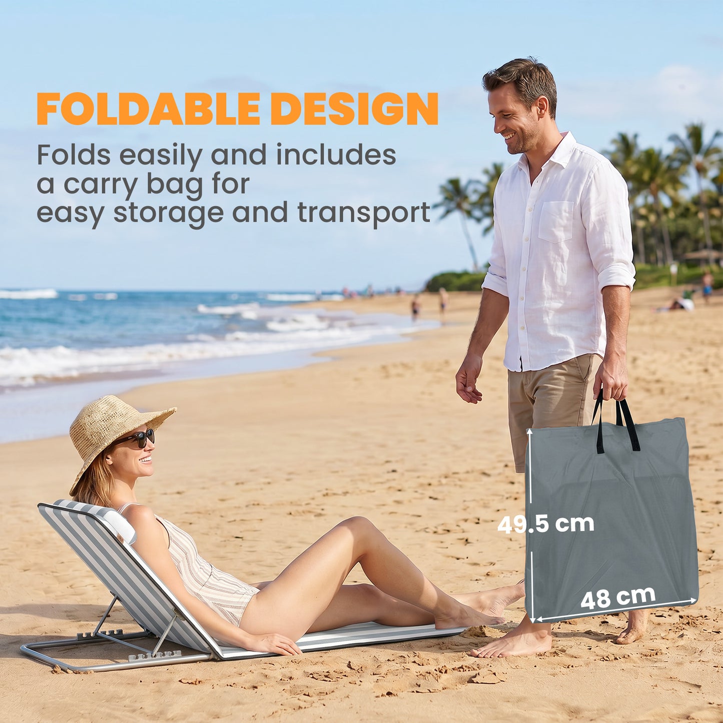 Set of 2 Foldable Garden Beach Chair Mat Lightweight Outdoor Sun Lounger Seats Adjustable Back Metal Frame PE Fabric Head Pil