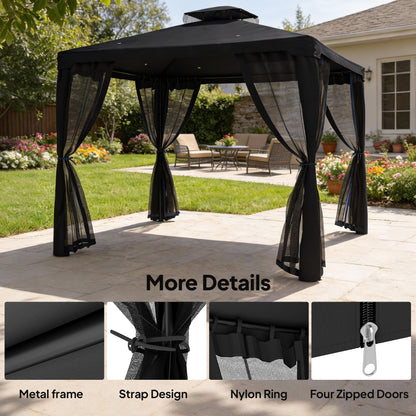 3 x 3 m Metal Gazebo, Garden Pavillion, Double Roof Outdoor Canopy Shelter with Mesh Sidewalls, Black