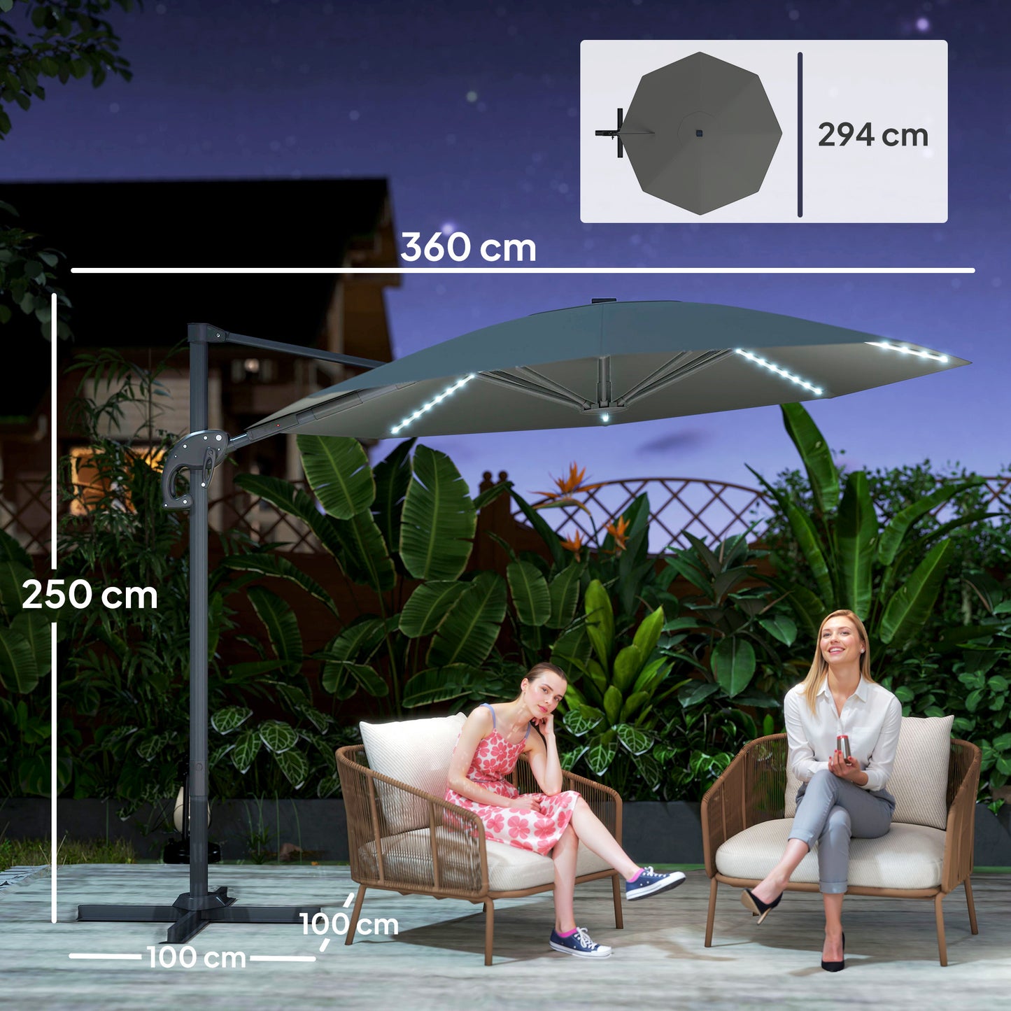 3(m) Cantilever Garden Parasol with Solar Powered Lights, Crank Handle & Cross Base, UPF 50+, 360° Rotation, Dark Grey