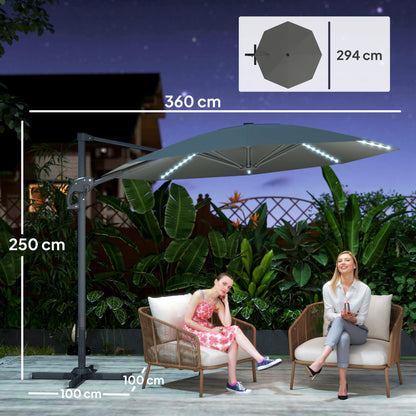 3(m) Cantilever Garden Parasol with Solar Powered Lights, Crank Handle & Cross Base, UPF 50+, 360° Rotation, Dark Grey