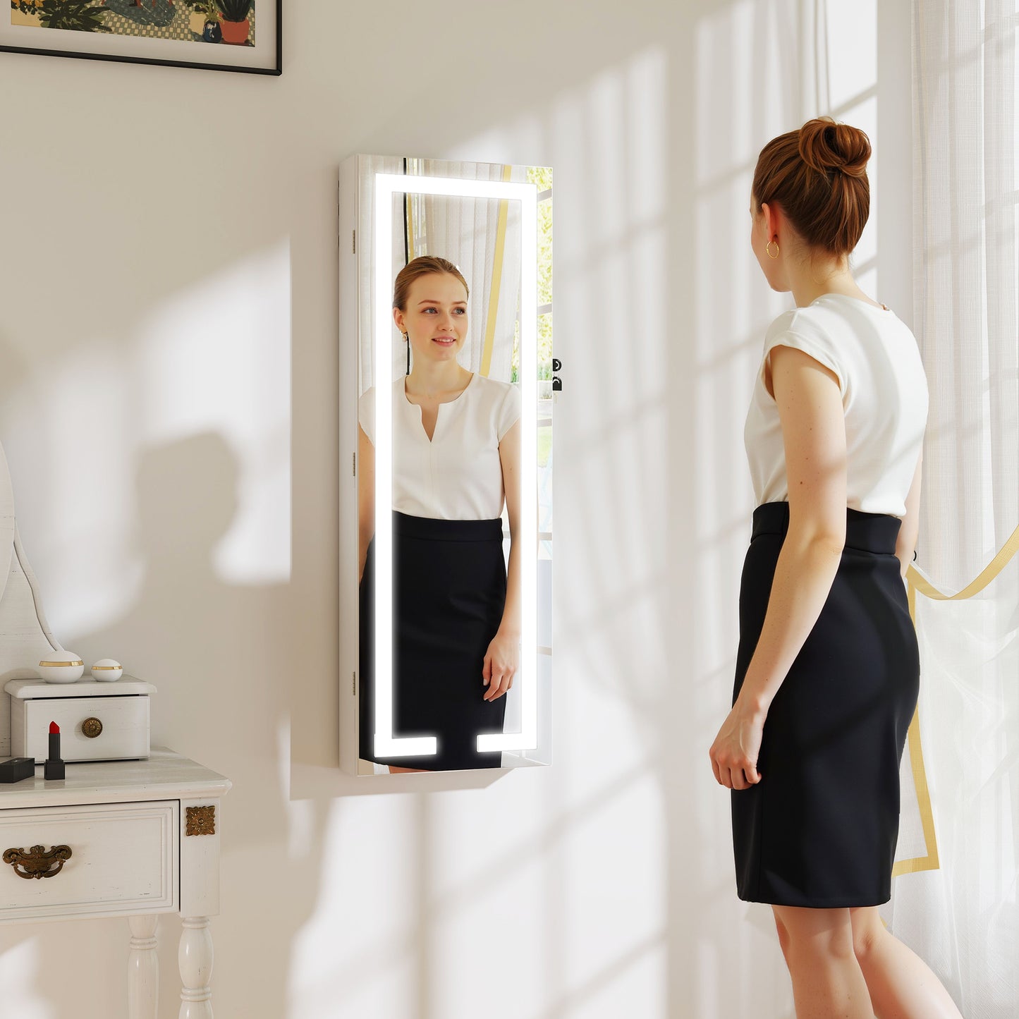 LED Mirror Jewellery Cabinet, Wall Mounted Full Length Mirror with Storage, Lockable Jewellery Organiser, White