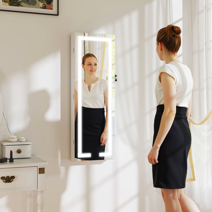 LED Mirror Jewellery Cabinet, Wall Mounted Full Length Mirror with Storage, Lockable Jewellery Organiser, White