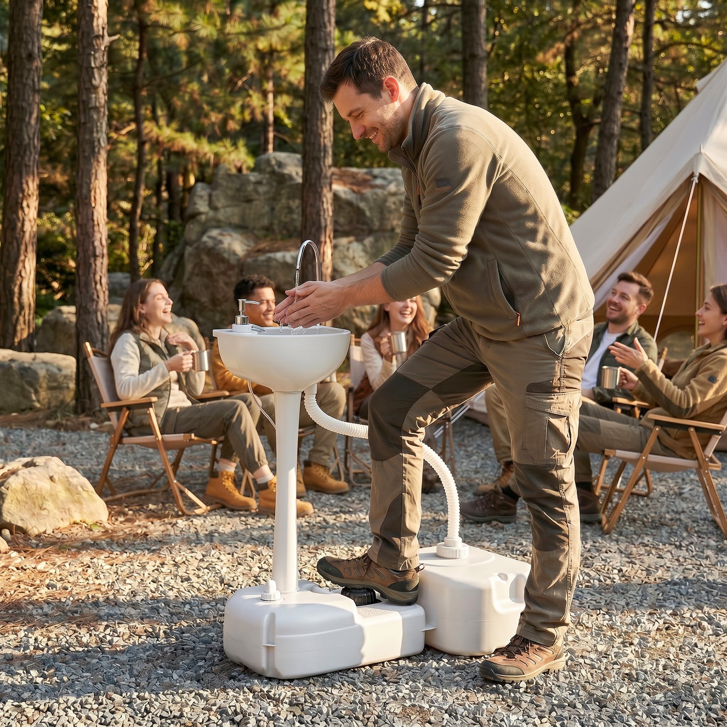 Portable Camping Sink with Running Water and Wastewater Tank, Hand Wash Basin with Rolling Wheels, Foot Pump