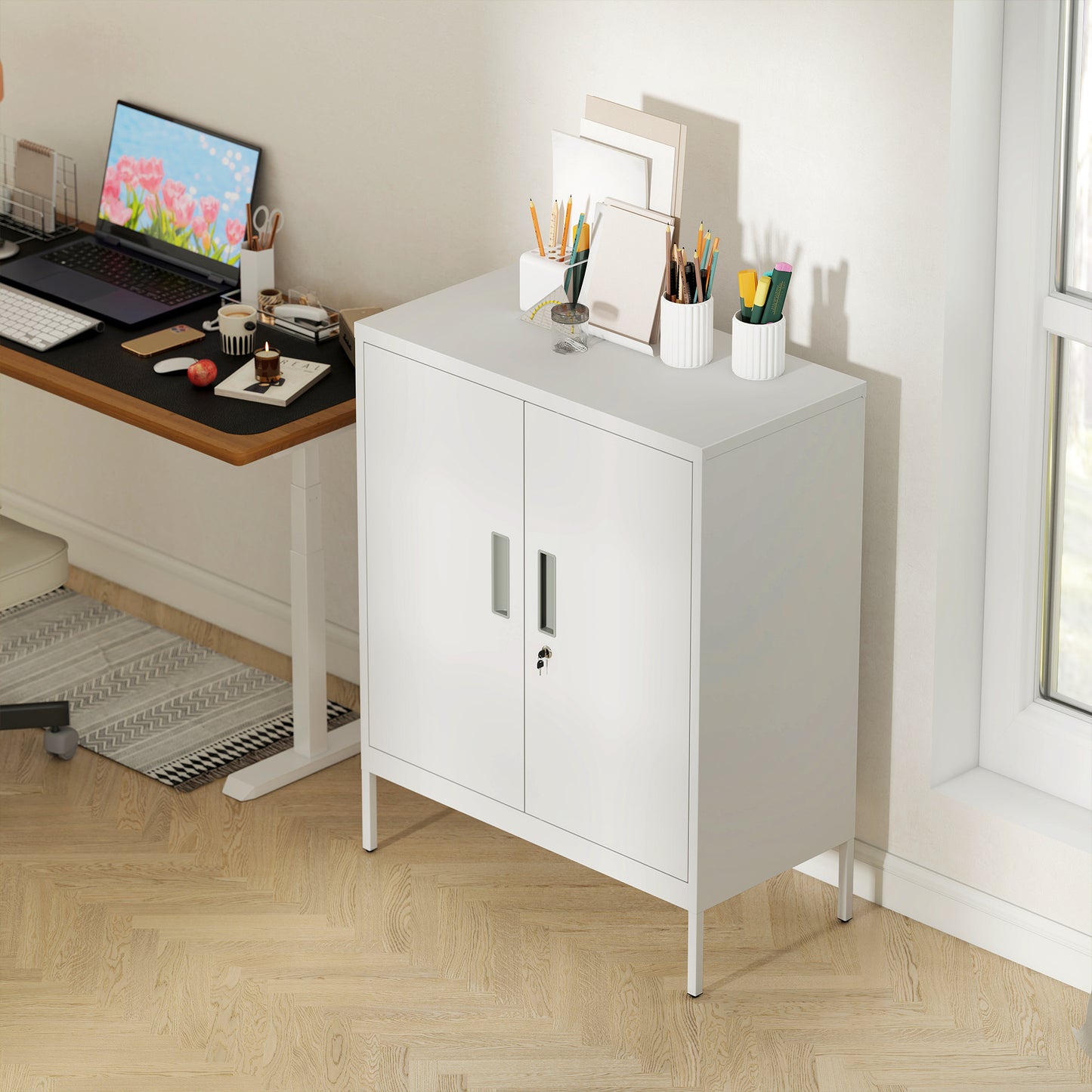 Metal Storage Cabinet with Lock and Adjustable Shelves - White