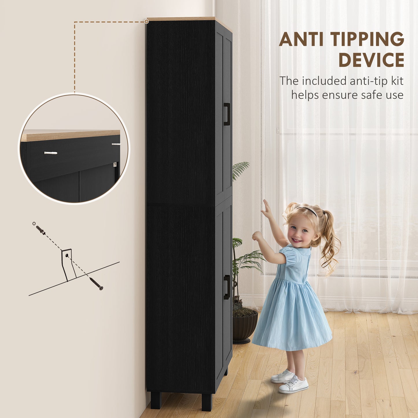 Freestanding Kitchen Cupboard, 4-Door Storage Cabinet with Adjustable Shelves, Modern Kitchen Pantry, 170cm, Black