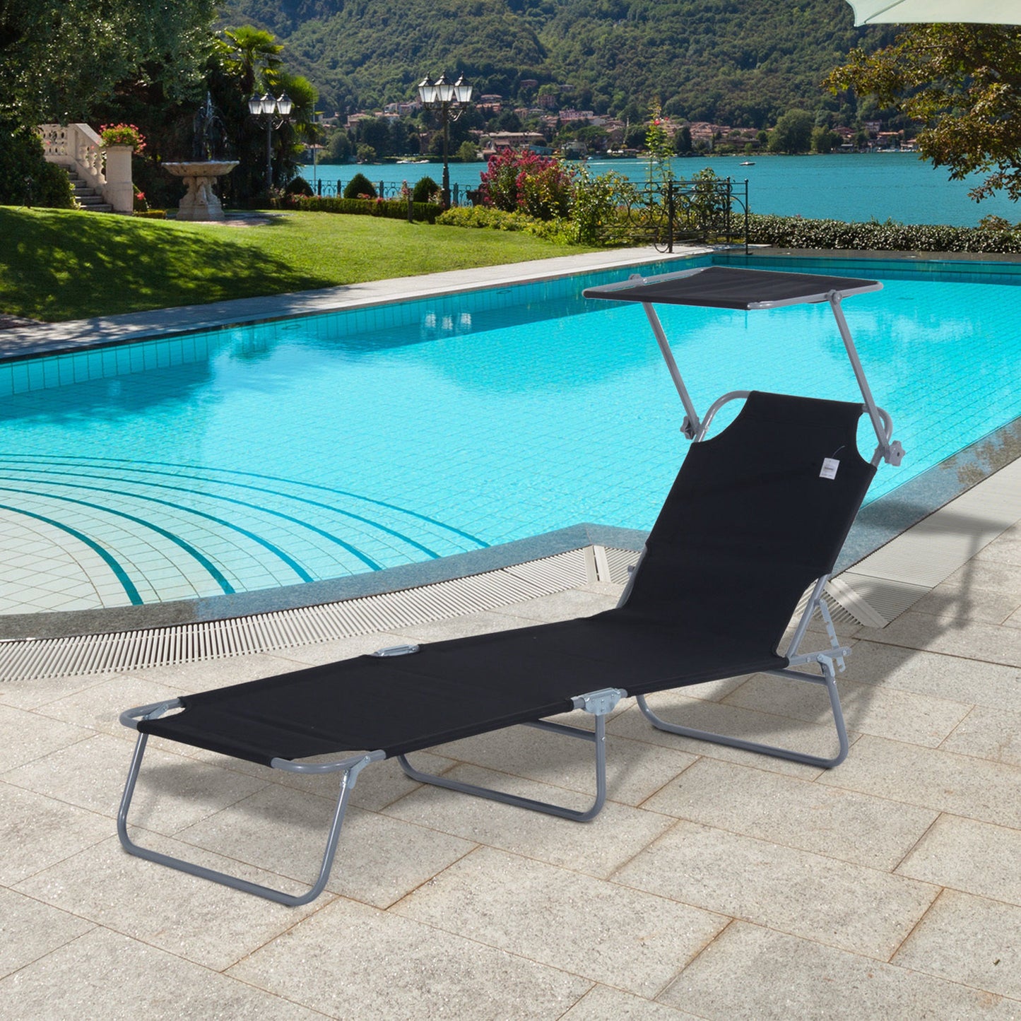 Outdoor Foldable Sun Lounger, 4 Level Adjustable Backrest Reclining Sun Lounger Chair with Angle Adjust Sun Shade Awning for