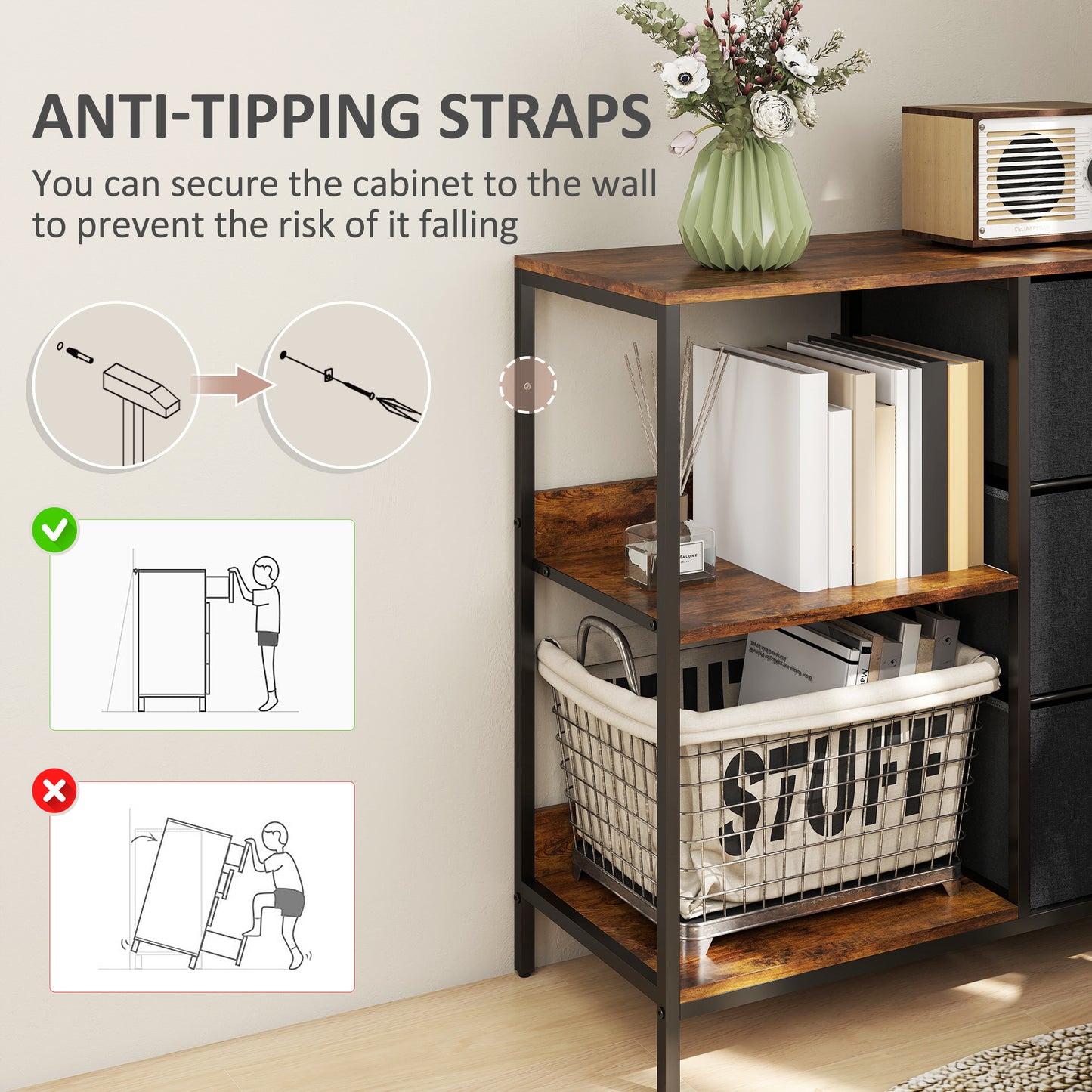 Chest of Drawers Storage Dresser Cabinet Organizer with 3 Fabric Drawers and 2 Display Shelves for Living Room, Bedroom