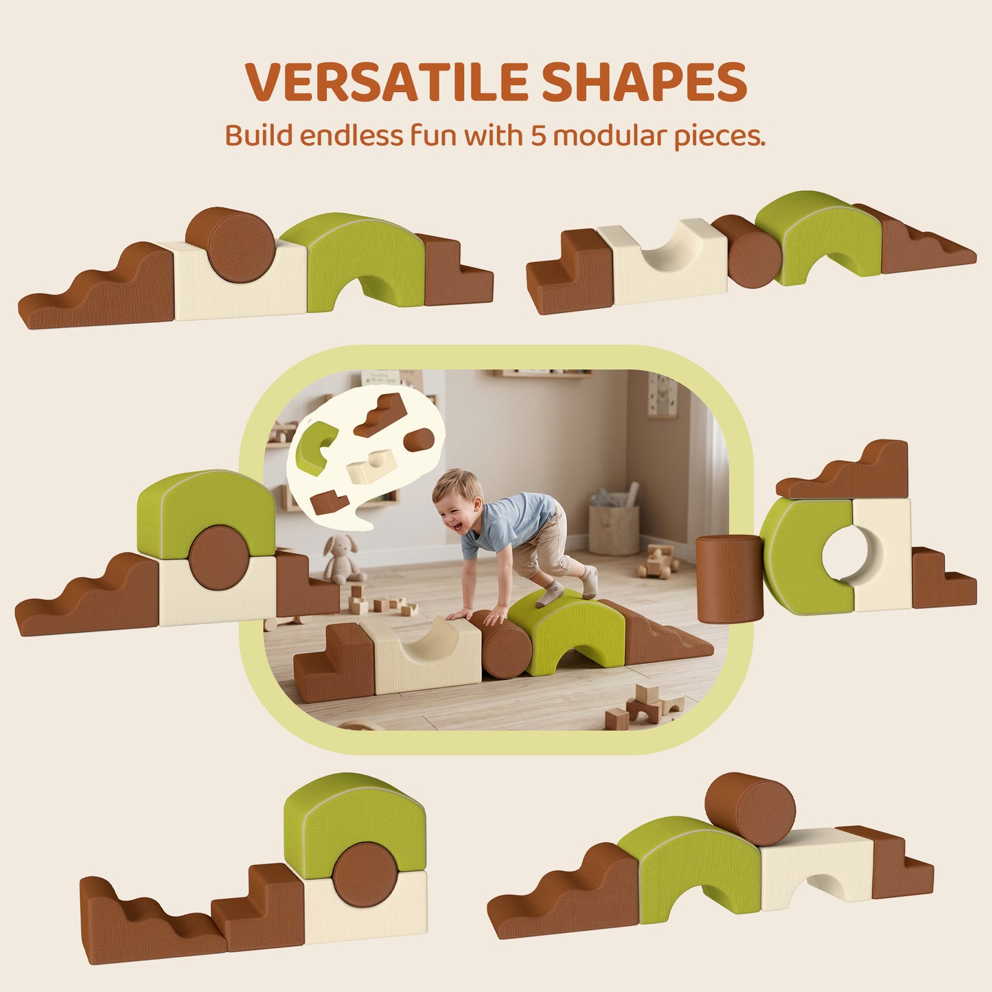 Toddlers Climbing Toys, 5-Piece Foam Climbing Blocks with Non-Slip Bottom, Washable Cover for Crawling or Building