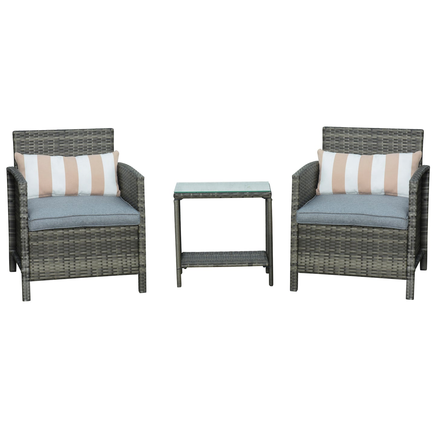 3 Pieces Rattan Bistro Set, Wicker Garden Furniture Set, Glass Top 2-tier Coffee Table and Chairs Set