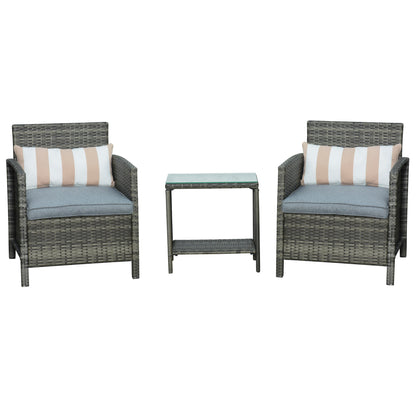 3 Pieces Rattan Bistro Set, Wicker Garden Furniture Set, Glass Top 2-tier Coffee Table and Chairs Set