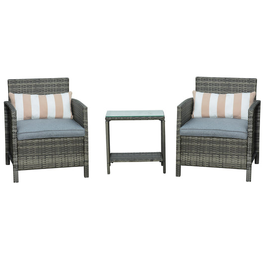 3 Pieces Rattan Bistro Set, Wicker Garden Furniture Set, Glass Top 2-tier Coffee Table and Chairs Set