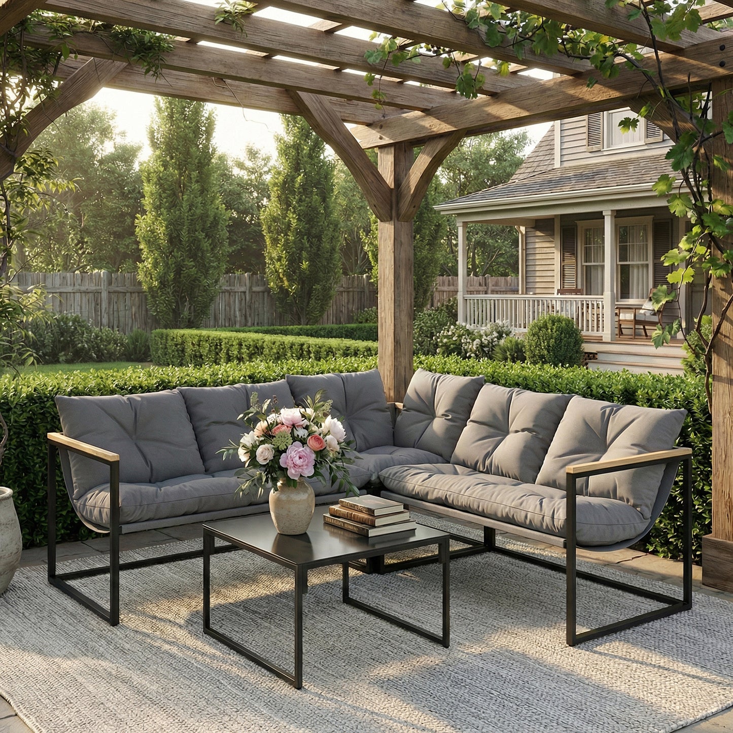4 Piece Garden Furniture Set with Thick Cushions and Coffee Table, Patio Conversation Set for Porch, Balcony, Deck, Grey