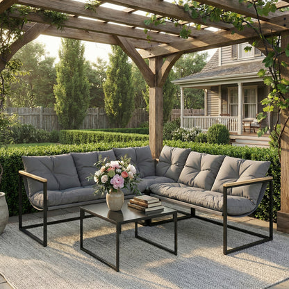 4 Piece Garden Furniture Set with Thick Cushions and Coffee Table, Patio Conversation Set for Porch, Balcony, Deck, Grey