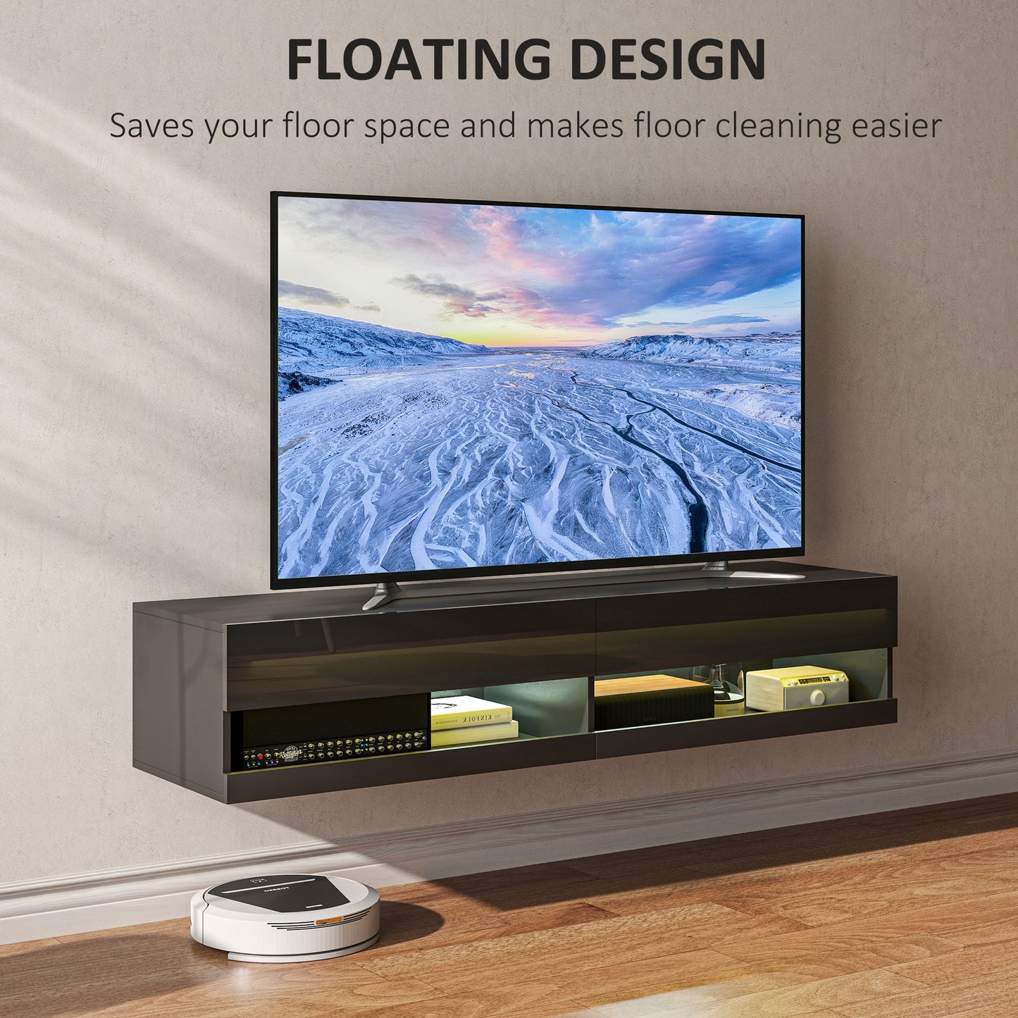 Floating TV Unit, Wall Mounted TV Cabinet for TVs up to 65", High Gloss Media Wall Unit with LED Lights, Storage Shelves