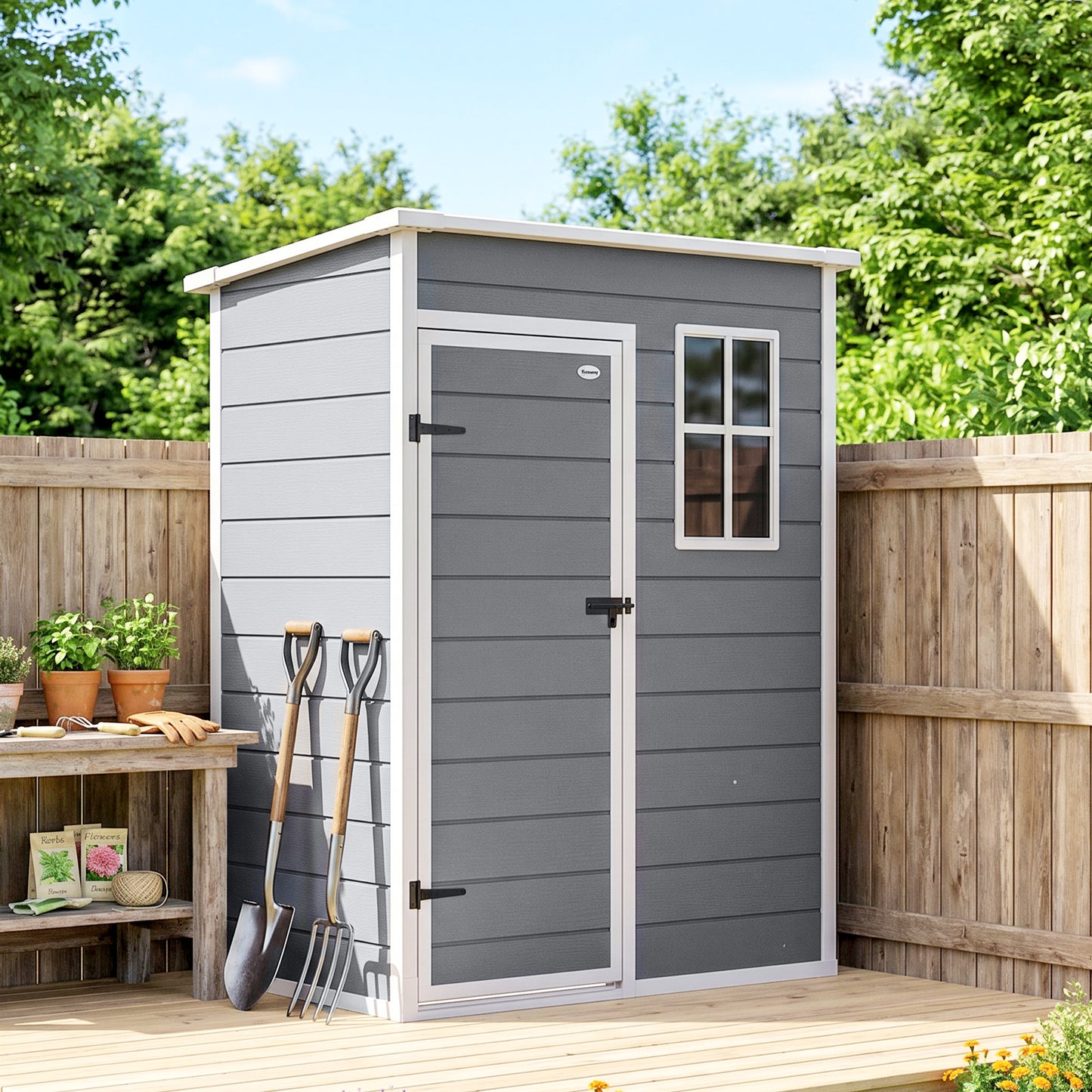 5' x 3' Plastic Garden Shed with Floor, Outdoor Storage Shed with Lockable Door, Window and Vent for Garden, Patio, Grey