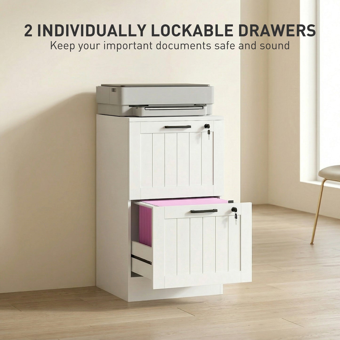 2 Drawer Filing Cabinet with Lock, Office Storage Cabinet with Adjustable Hanging Bars for A4 Letter Size Files, White
