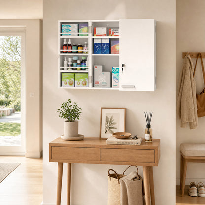 Wall Mount Medicine Cabinet with Key Lock, 3 Tier First Aid Cabinet with 2 Doors and 11 Storage Compartments, White