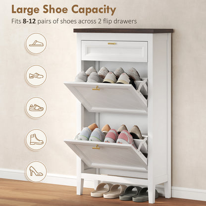 Shoe Cabinet with 2 Flip Drawers, Farmhouse Narrow Shoe Storage Cabinet with Adjustable Shelves, White