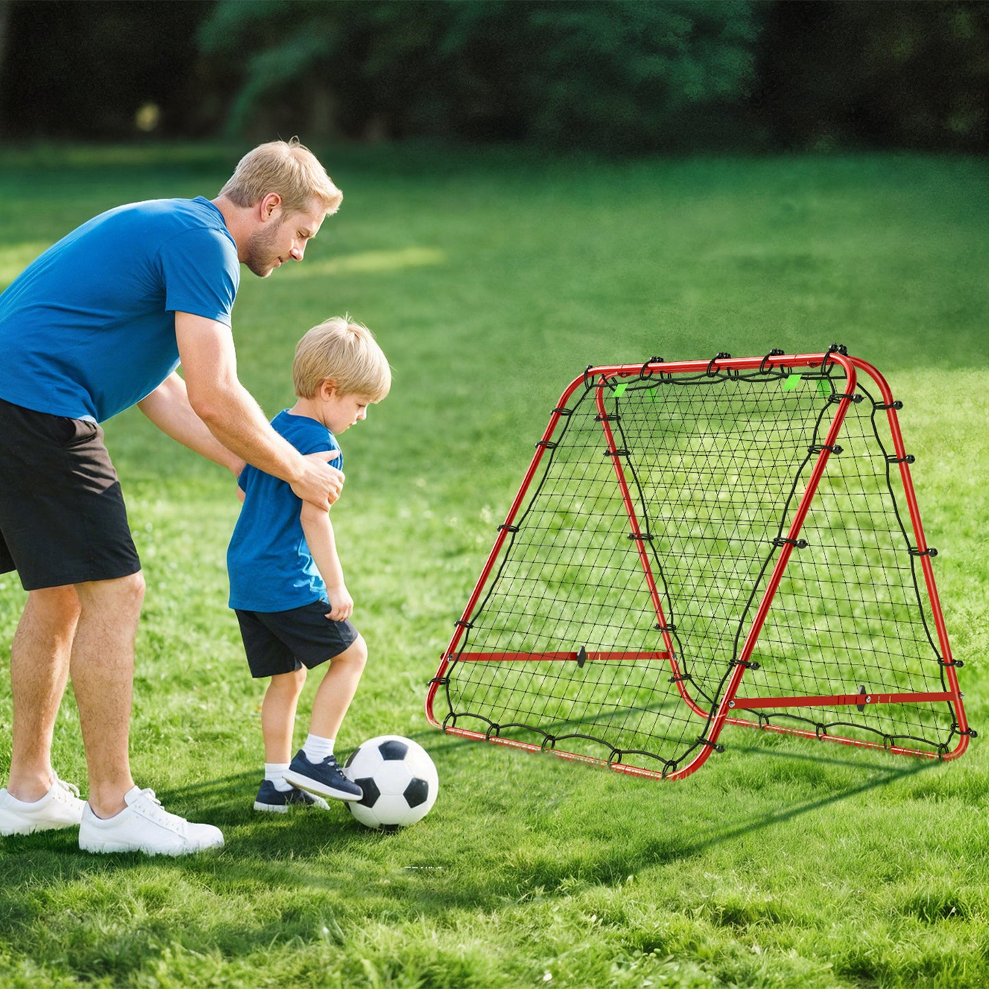 Double Sided Football Rebounder Net, Football Rebound Goal with Five Adjustable Angles, Red