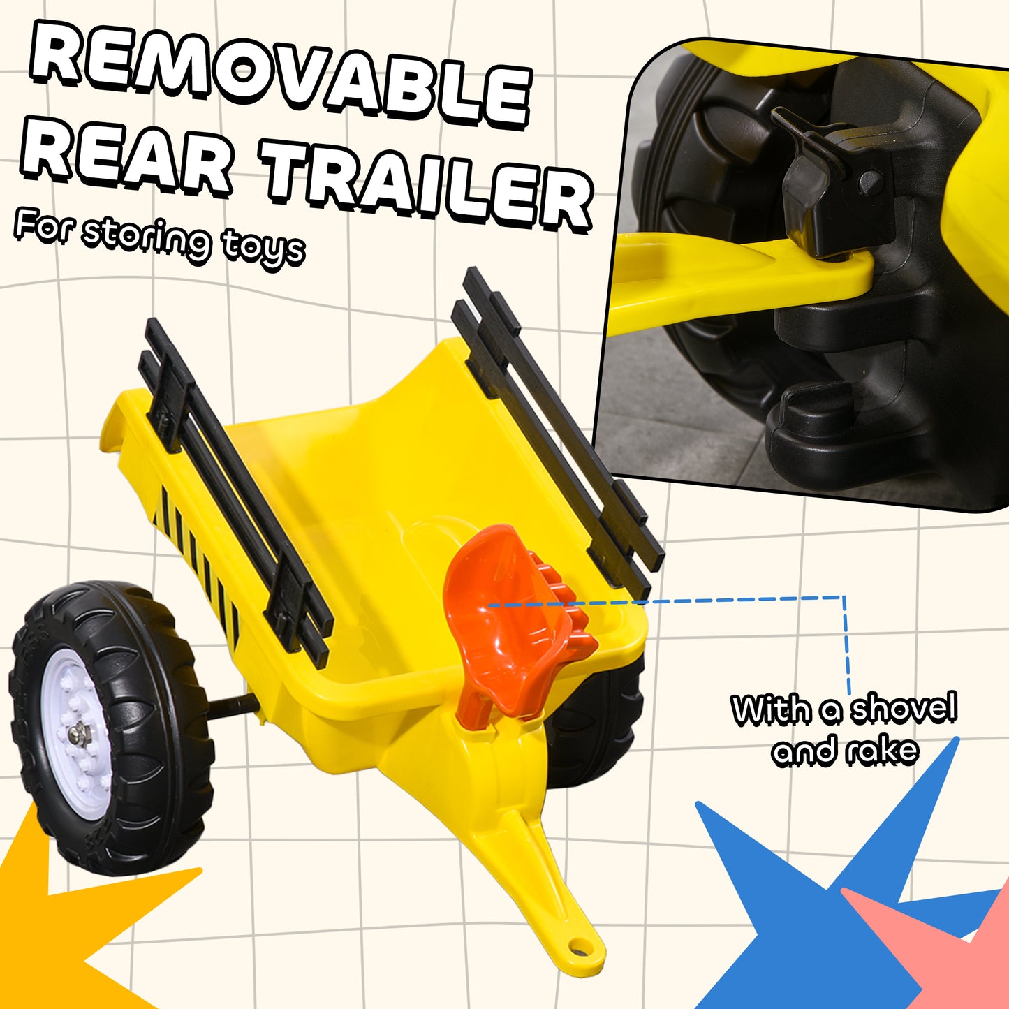 Kids Ride on Tractor with Back Trailer, Shovel & Rake, Horn, Four Wheels Tractor Toy for Child Toddler