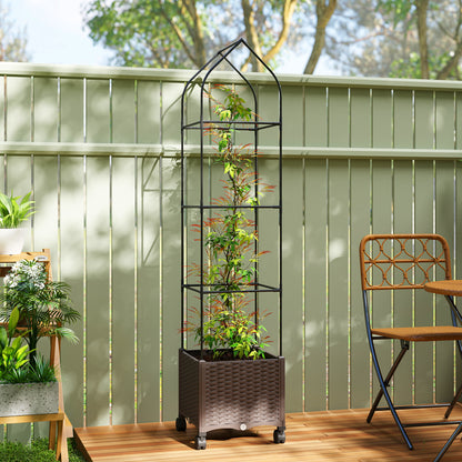 Raised Garden Bed with Trellis, Tomato Cage with Lockable Wheels, Self Watering Planter Box with Drainage Holes, Brown